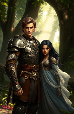 A fantasy scene set in a mystical realm called Solis, featuring a brown-haired soldier wearing rugged, ornate armor, standing confidently beside a striking black-haired woman with olive skin