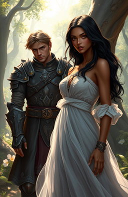 A fantasy scene set in a mystical realm called Solis, featuring a brown-haired soldier wearing rugged, ornate armor, standing confidently beside a striking black-haired woman with olive skin