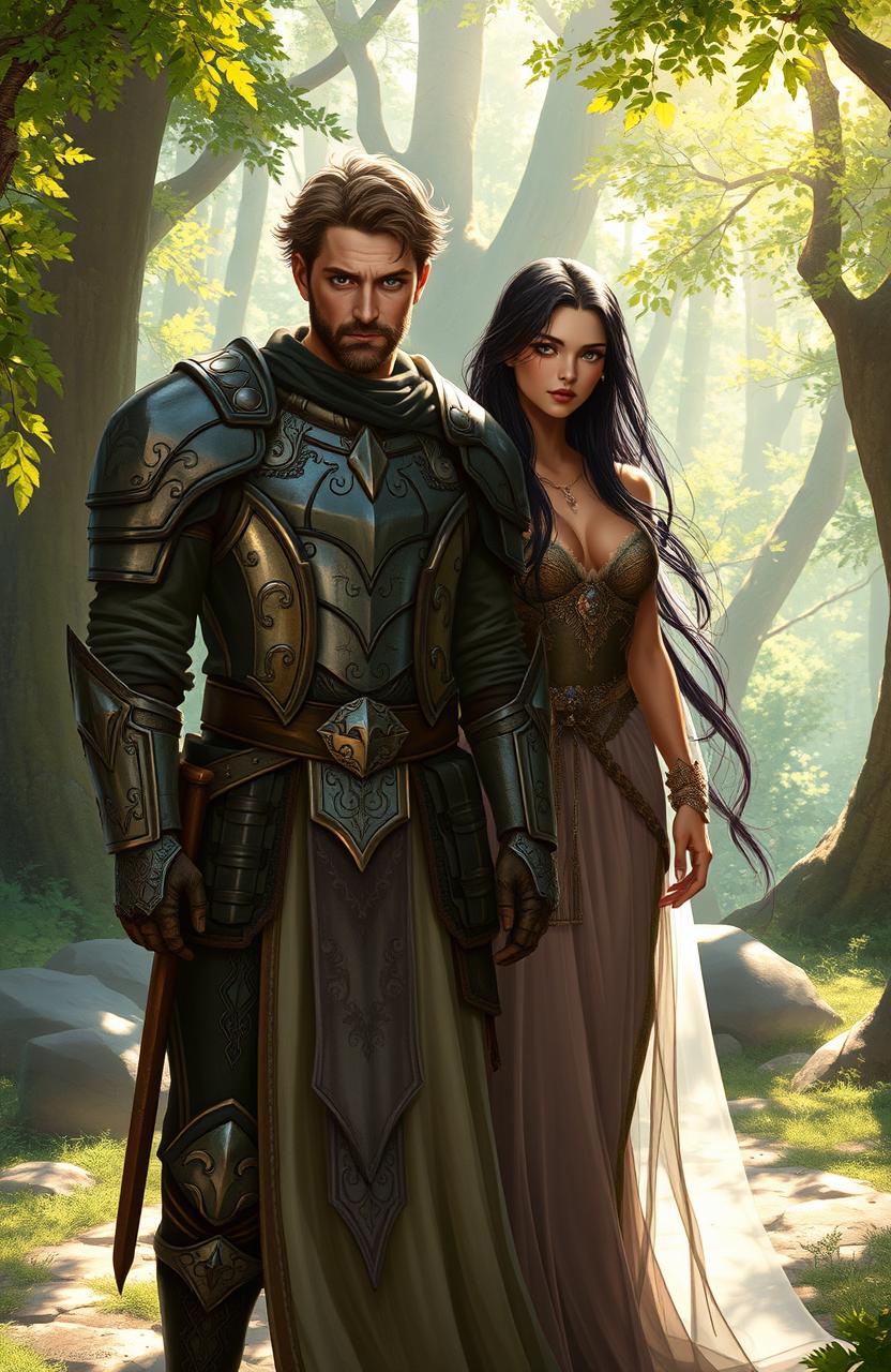 A fantasy scene set in a mystical realm called Solis, featuring a brown-haired soldier wearing rugged, ornate armor, standing confidently beside a striking black-haired woman with olive skin