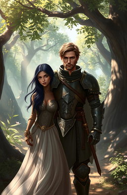 A fantasy scene set in a mystical realm called Solis, featuring a brown-haired soldier wearing rugged, ornate armor, standing confidently beside a striking black-haired woman with olive skin