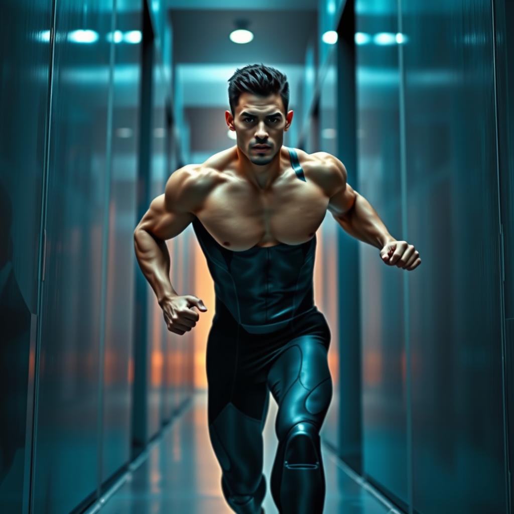 A young muscular man running through a complex maze, showcasing his athletic build and dynamic movement