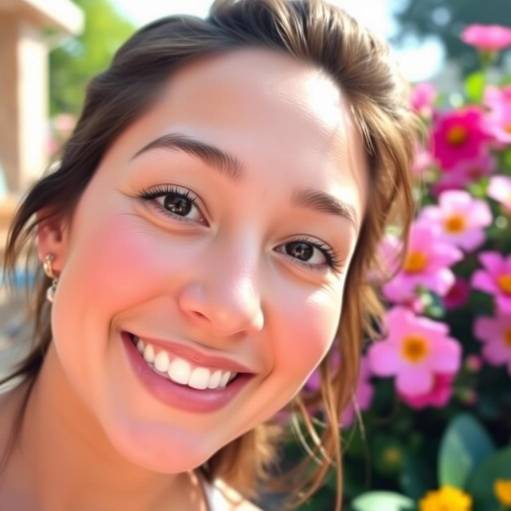 A vibrant and lively selfie featuring a person with a friendly smile, showcasing clear facial features and bright eyes