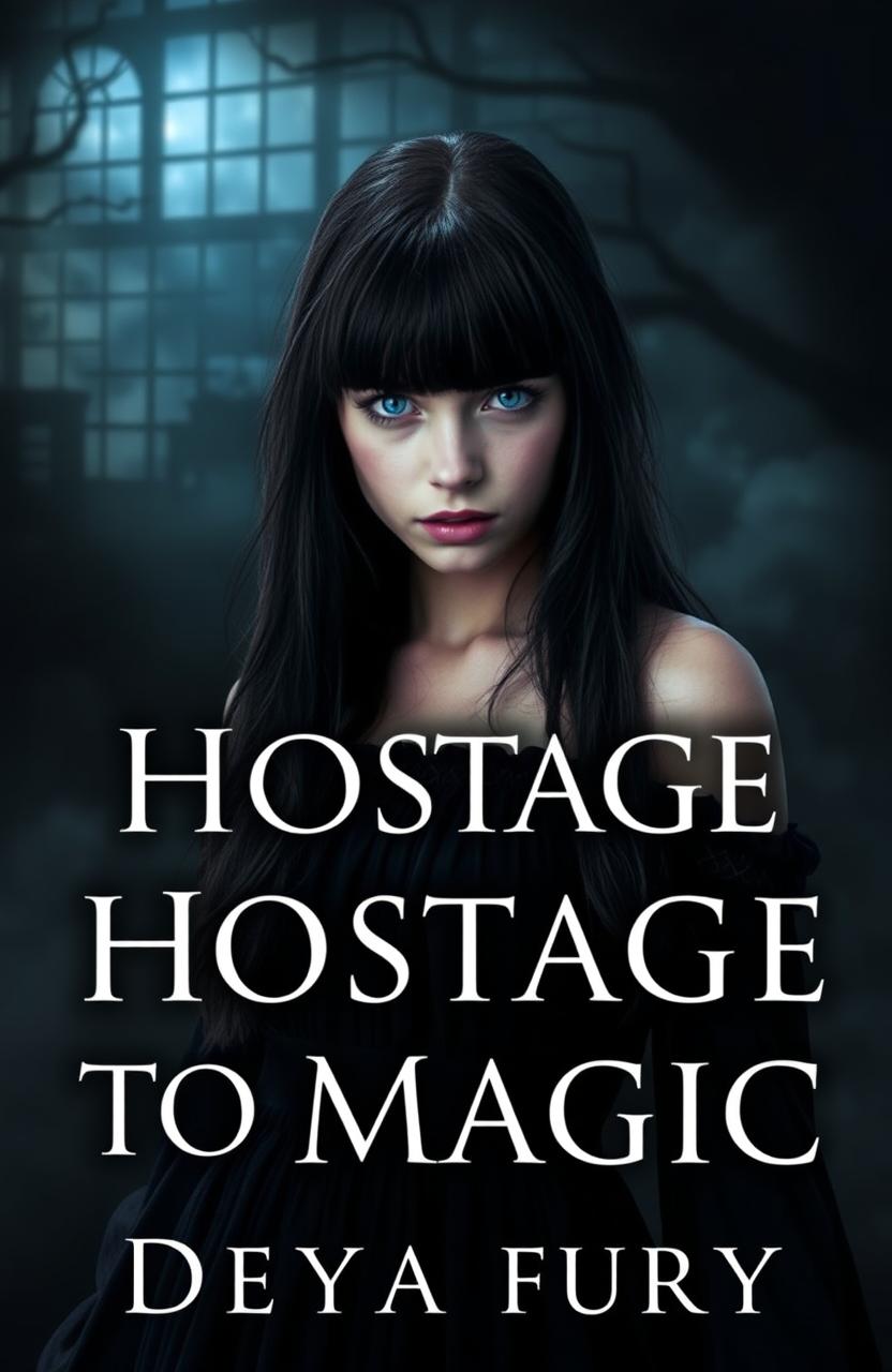 A dark and eerie background featuring a mysterious atmosphere, with a young woman with long black hair and bangs, piercing blue eyes, dressed in a flowing black dress