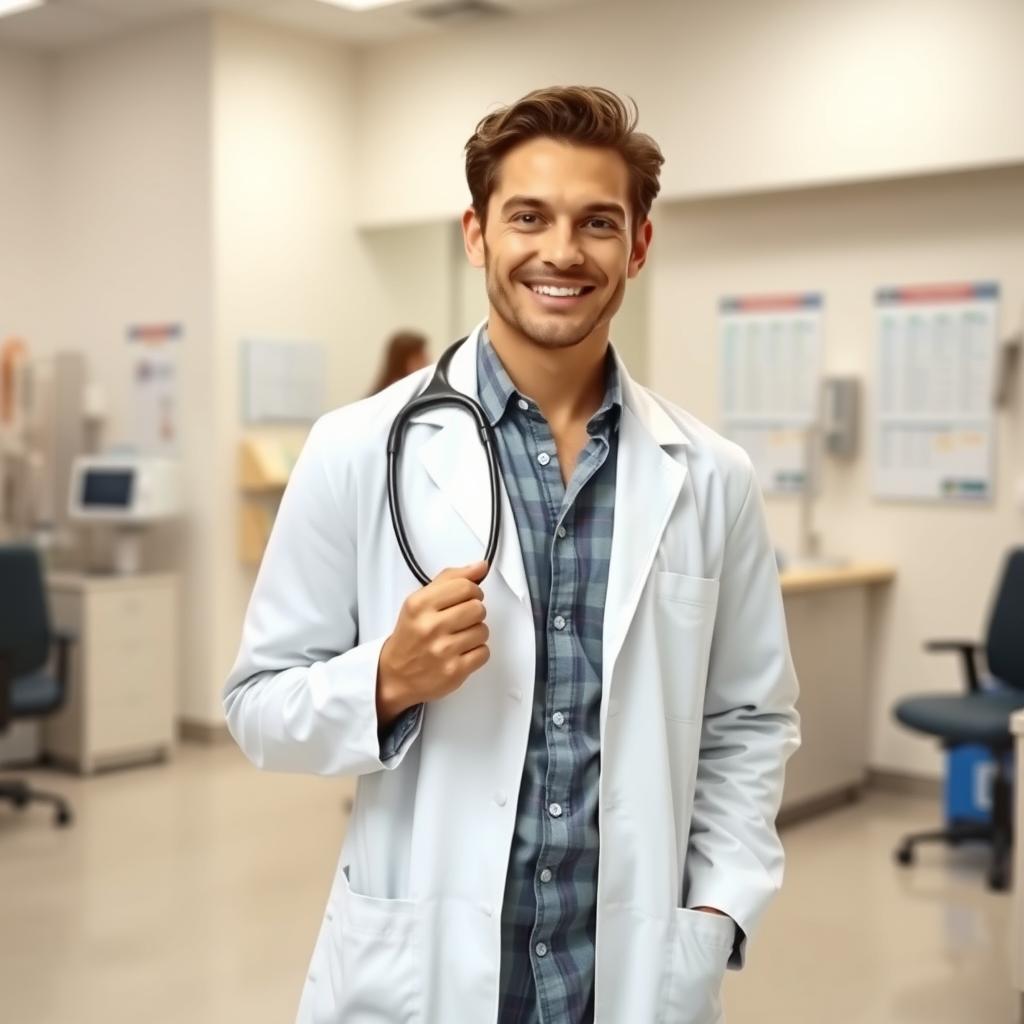 A confident individual dressed as a doctor, wearing a crisp white lab coat, holding a stethoscope