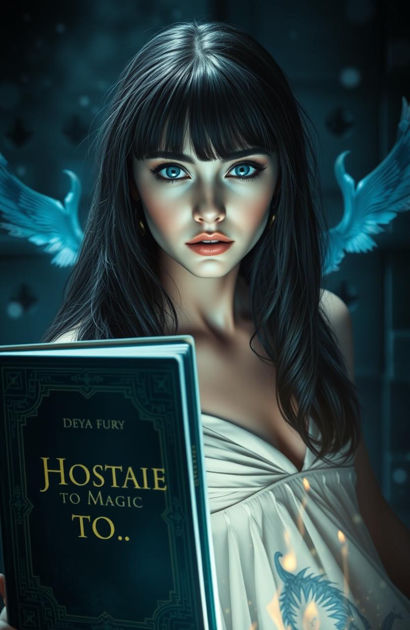 A captivating fantasy scene featuring a young woman as a magical hostage, showcasing her striking gray-blue eyes and long black hair with bangs