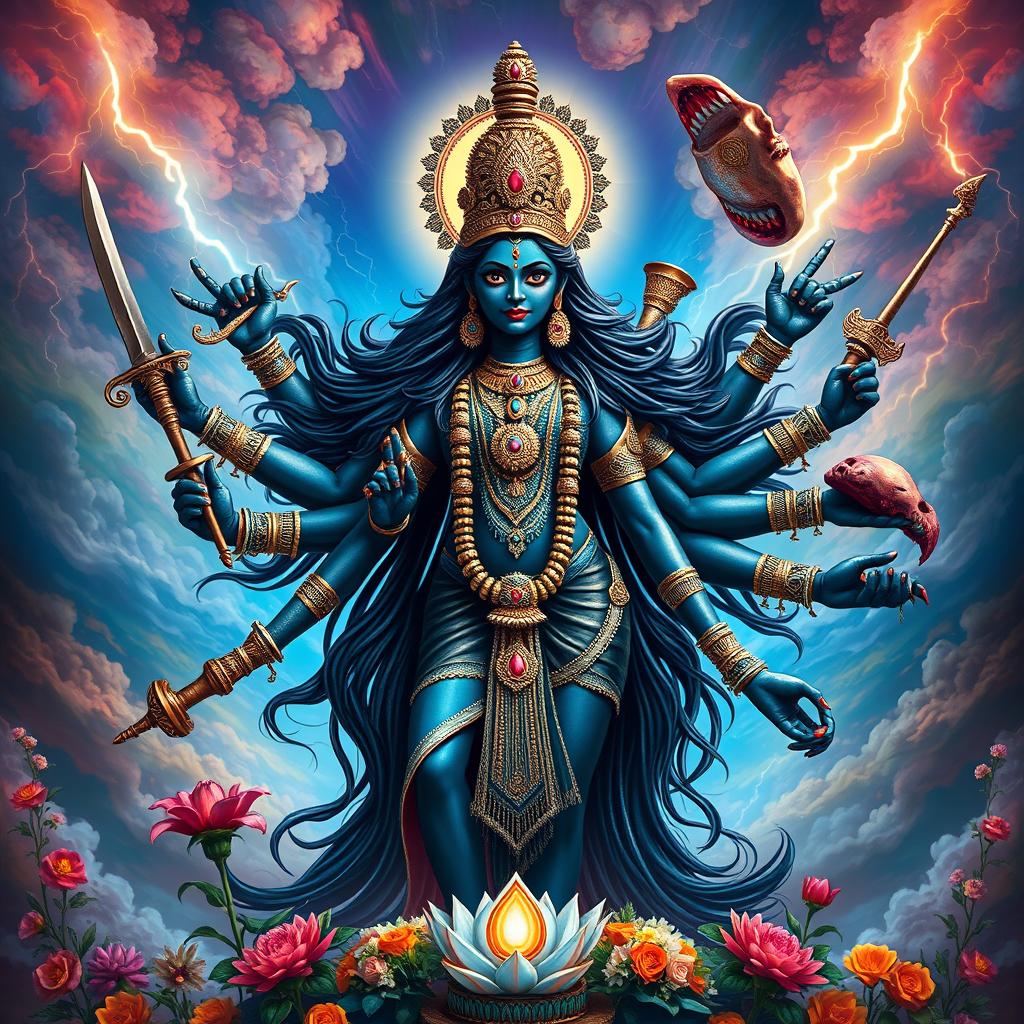 A majestic depiction of Goddess Kali in her iconic form, standing tall and powerful
