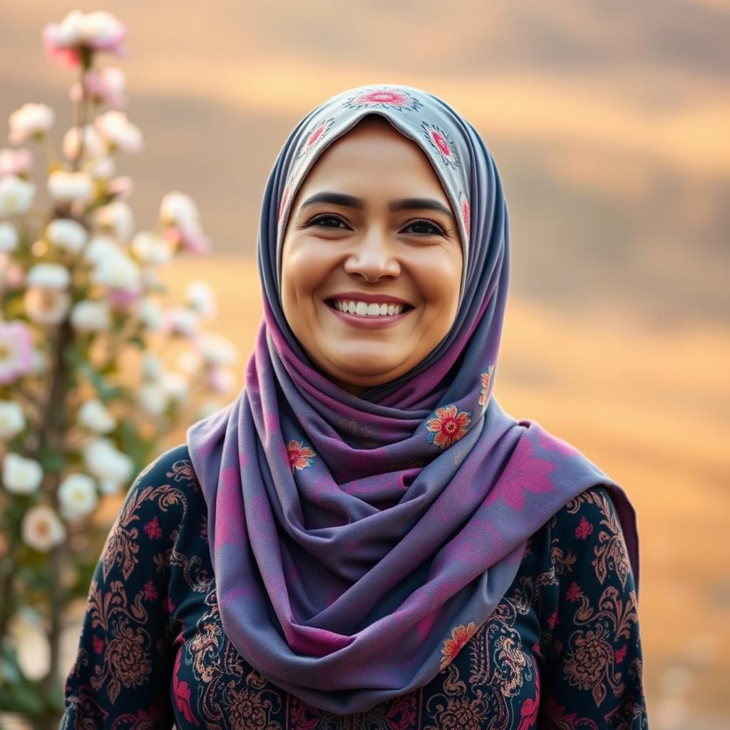 A stylish woman in her forties wearing a colorful hijab, smiling warmly