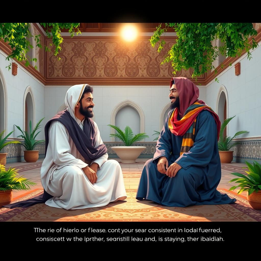 A lively and engaging scene in a mosque courtyard featuring two Arab friends from the time of the Prophet