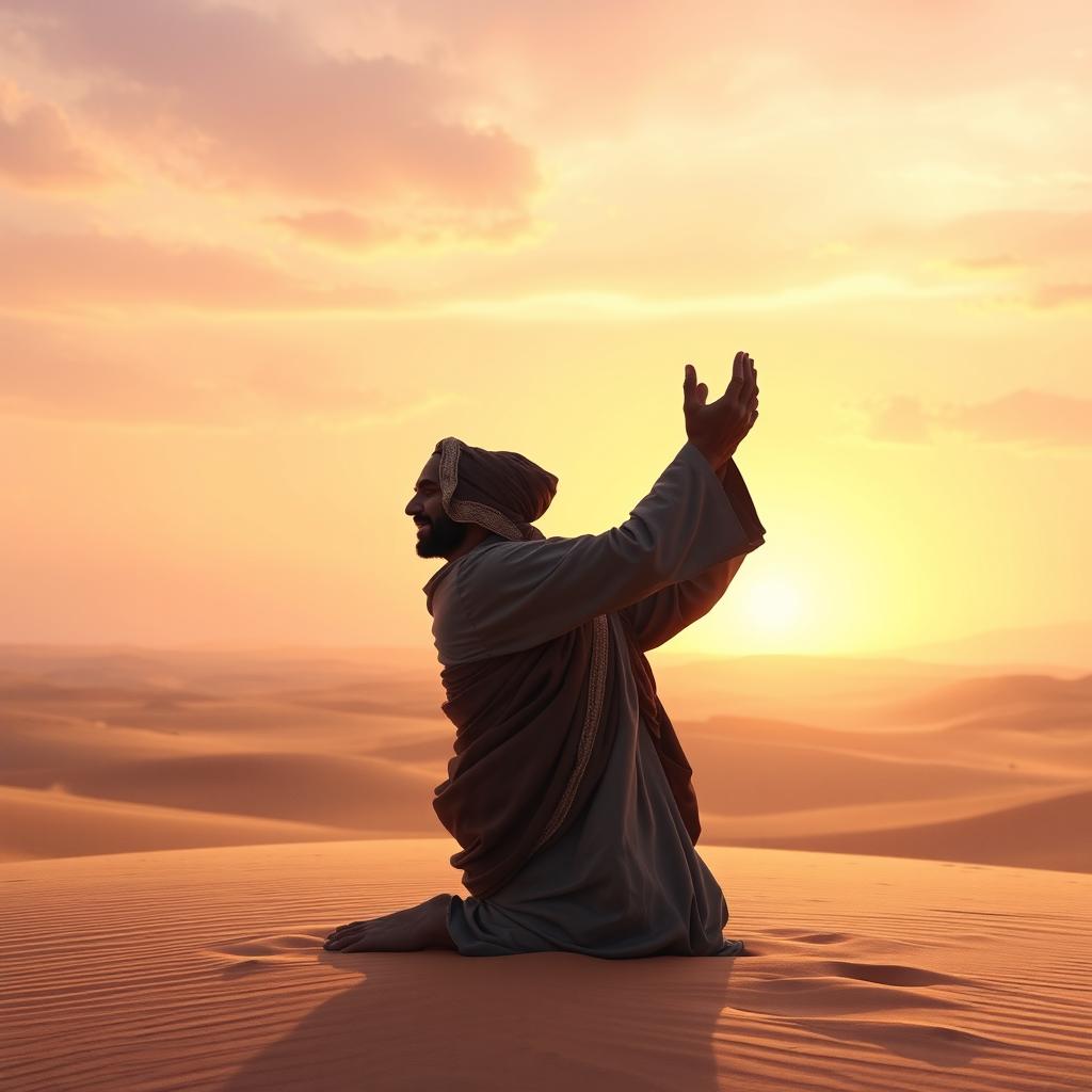 A deeply emotional and realistic depiction of a devout Arab man praying earnestly in a vast desert landscape at dawn