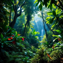 A vibrant and lush jungle landscape, filled with dense greenery and a variety of tropical plants, towering trees with thick canopies, and colorful flowers peeking through the foliage