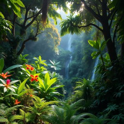 A vibrant and lush jungle landscape, filled with dense greenery and a variety of tropical plants, towering trees with thick canopies, and colorful flowers peeking through the foliage