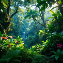 A vibrant and lush jungle landscape, filled with dense greenery and a variety of tropical plants, towering trees with thick canopies, and colorful flowers peeking through the foliage