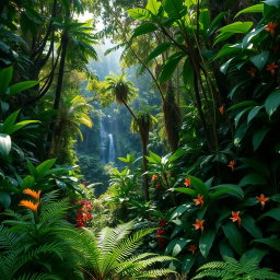 A vibrant and lush jungle landscape, filled with dense greenery and a variety of tropical plants, towering trees with thick canopies, and colorful flowers peeking through the foliage