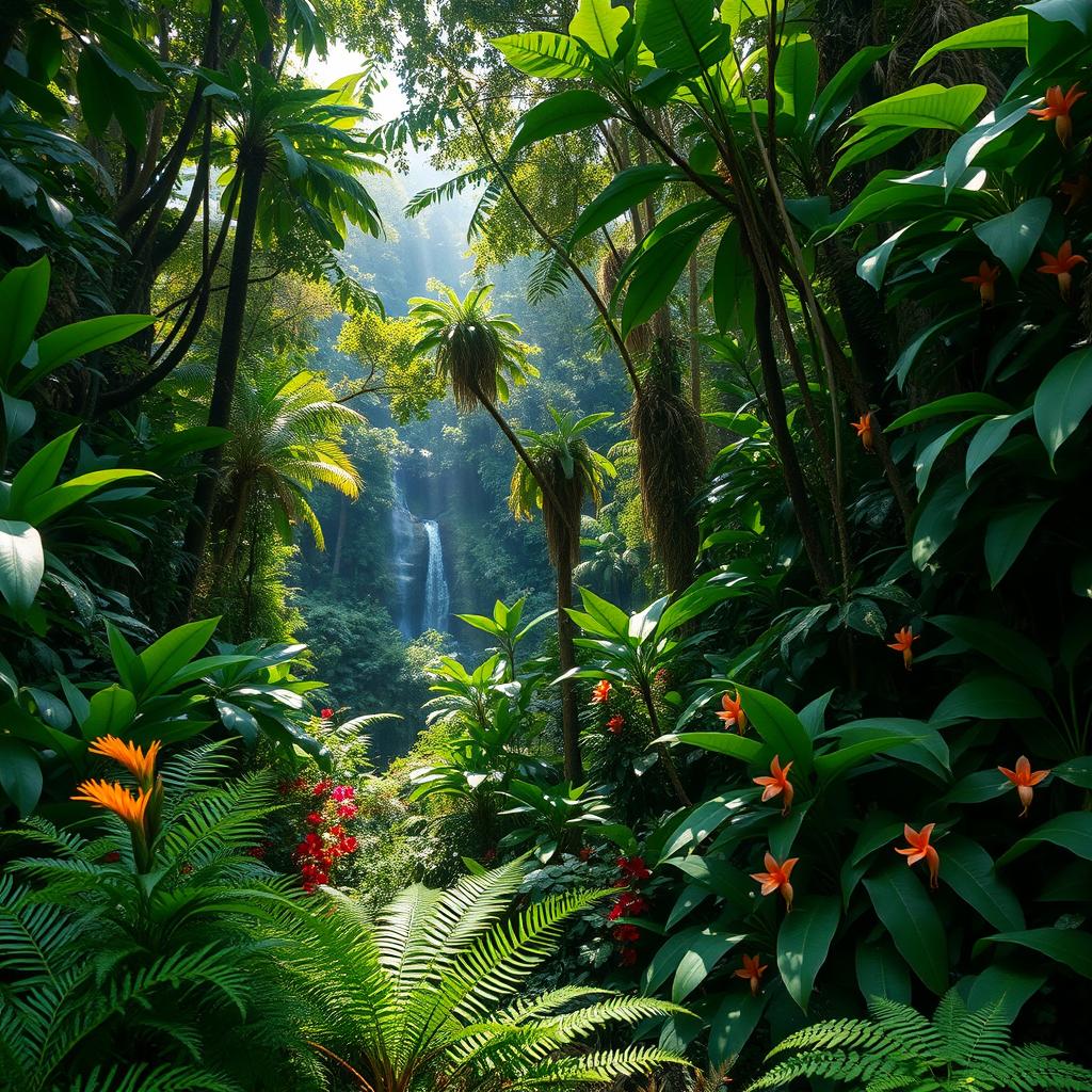 A vibrant and lush jungle landscape, filled with dense greenery and a variety of tropical plants, towering trees with thick canopies, and colorful flowers peeking through the foliage