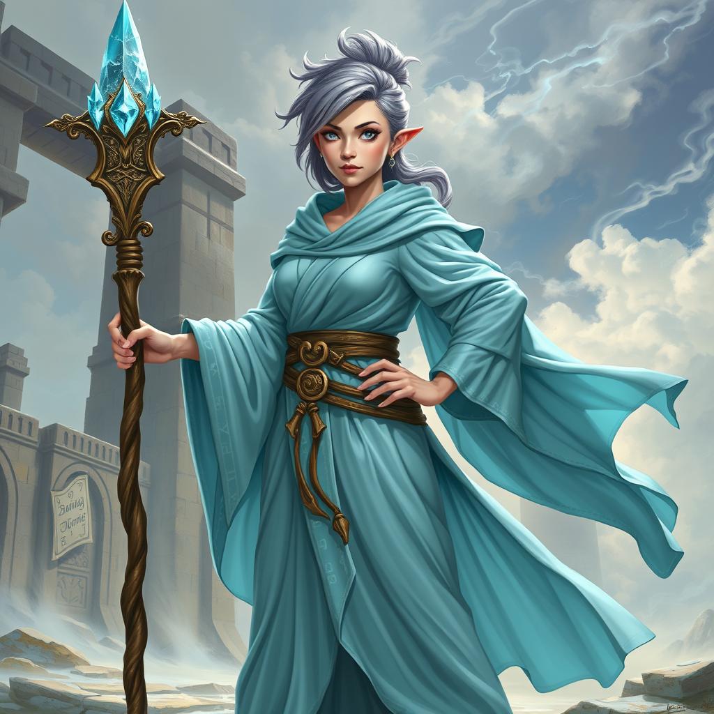 A female dwarf Abjuration Wizard from Dungeons & Dragons, standing confidently in a majestic setting
