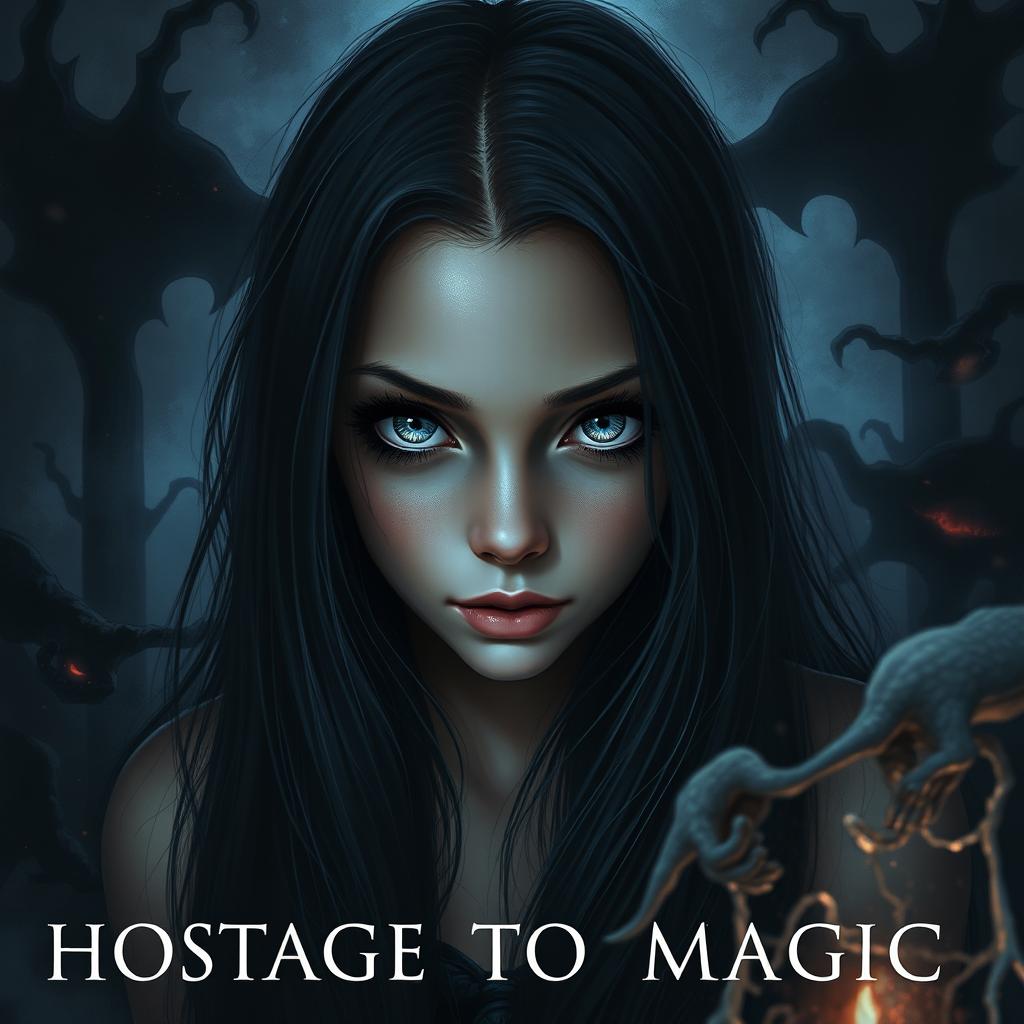 A striking dark fantasy scene depicting a girl as a hostage to magic