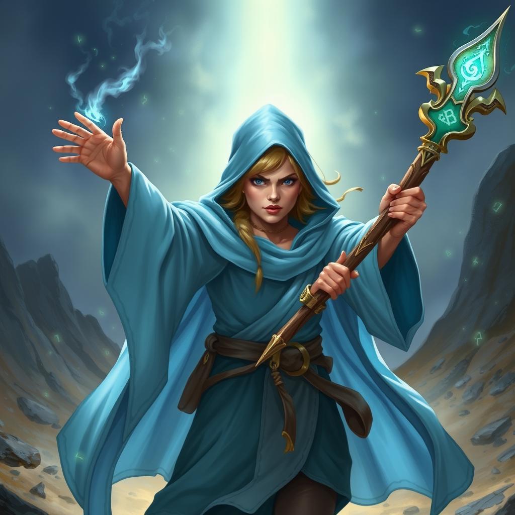 A female dwarf Abjuration Wizard from Dungeons & Dragons, depicted in a dynamic pose