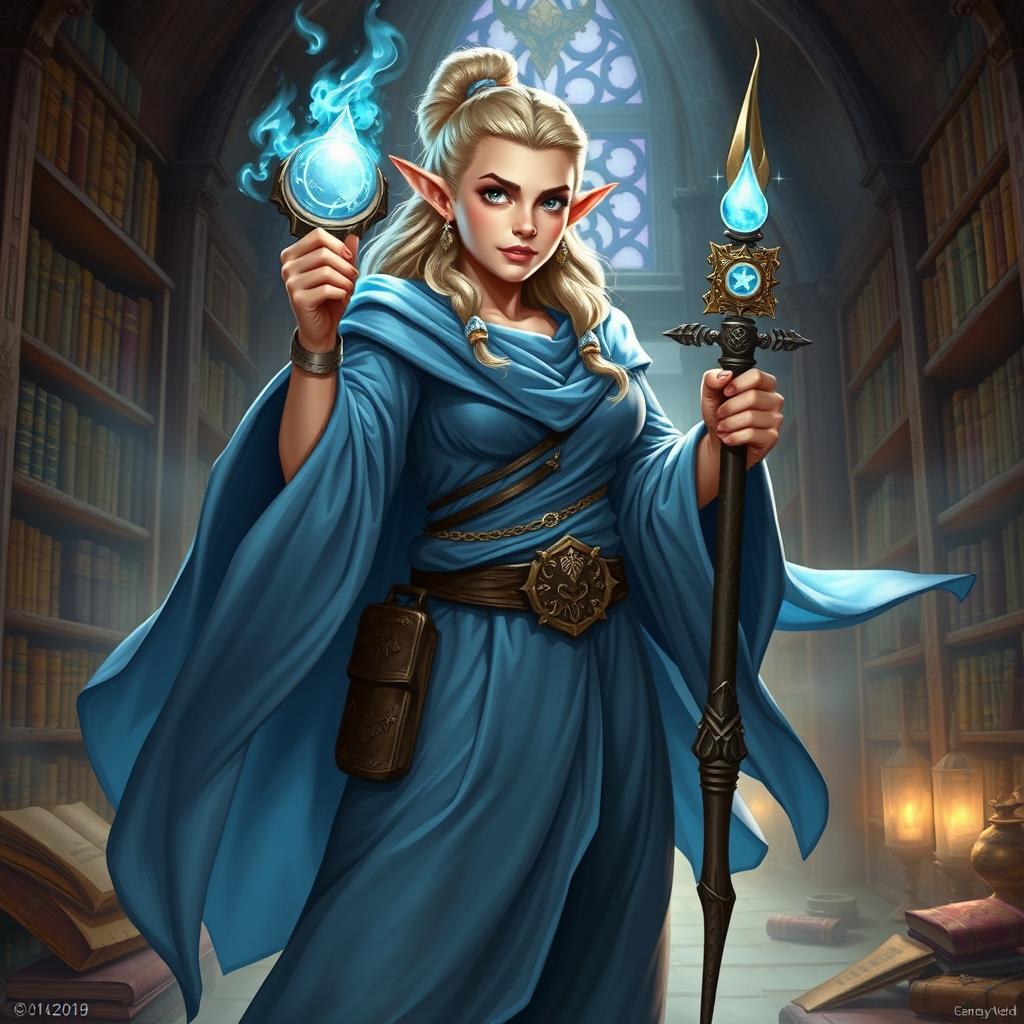 A female dwarf Abjuration Wizard from Dungeons & Dragons, depicted in a powerful stance