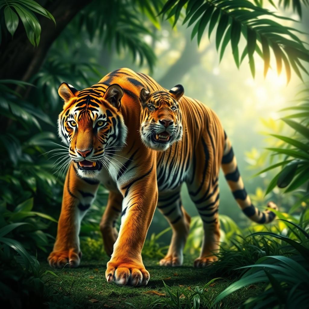 A majestic, realistic portrait of a fierce-looking tiger prowling through a lush, tropical jungle