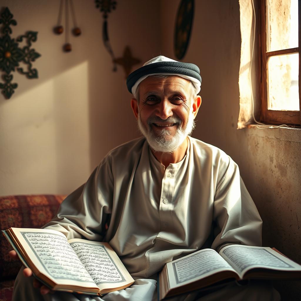 An elderly Arab man with a wise and gentle expression, sitting peacefully in his humble home after completing his Ramadan worship