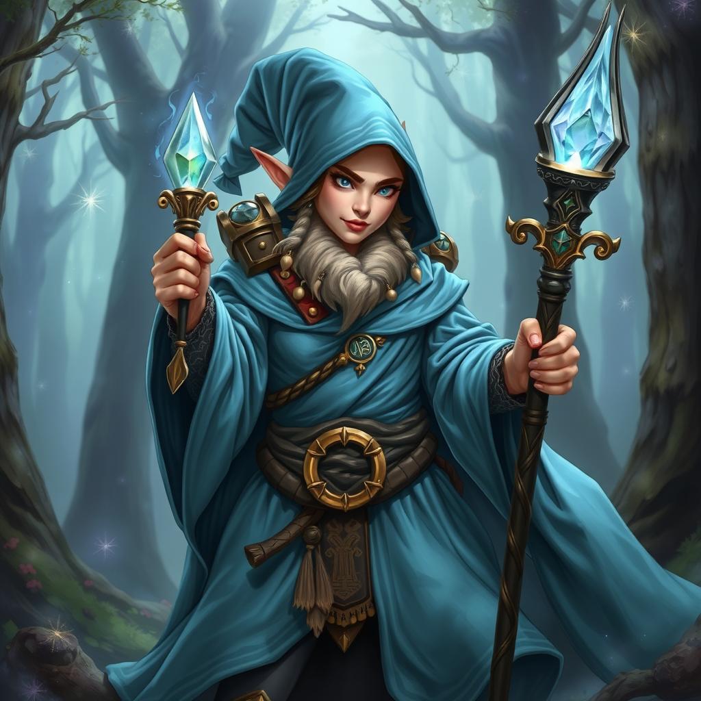 A female dwarf Abjuration Wizard in a striking pose, showcasing her mastery of magic