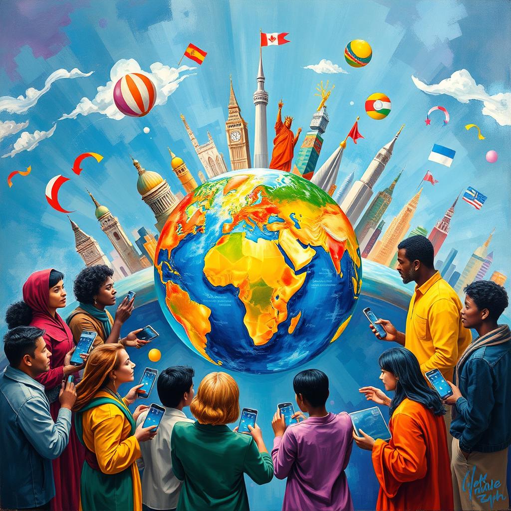A vibrant and thought-provoking painting representing the impact of globalization in communication