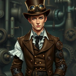 A detailed depiction of a male character in a steampunk setting