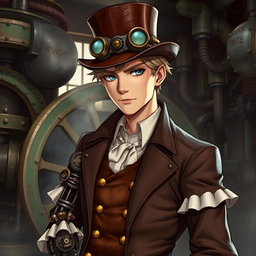 A detailed depiction of a male character in a steampunk setting