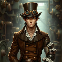 A detailed depiction of a male character in a steampunk setting