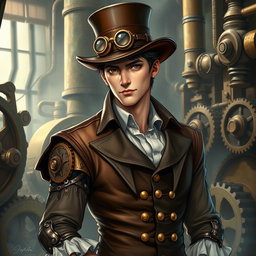A detailed depiction of a male character in a steampunk setting