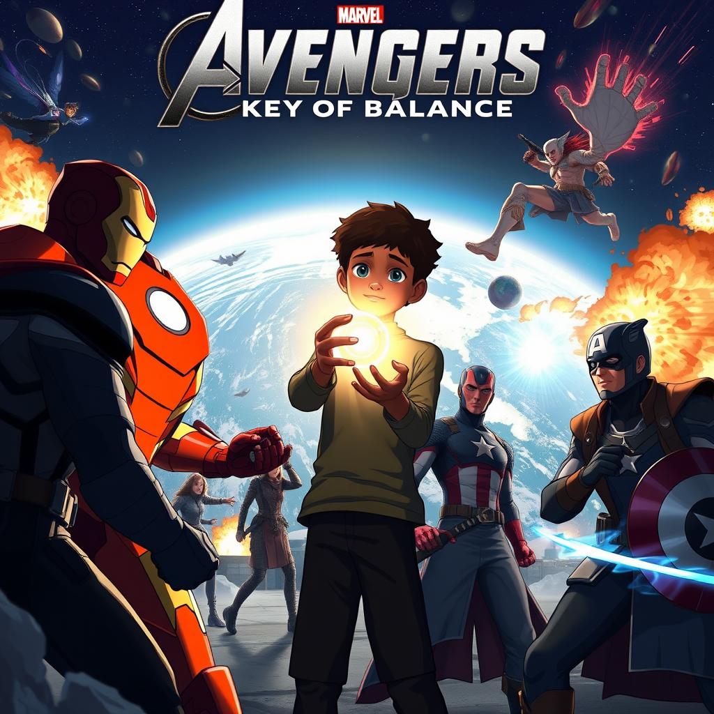 A cinematic poster in hybrid animation (2D and 3D, Seinen style) featuring Jovan, a 15-year-old boy with black skin and afro hair, at the center holding the Aeterion