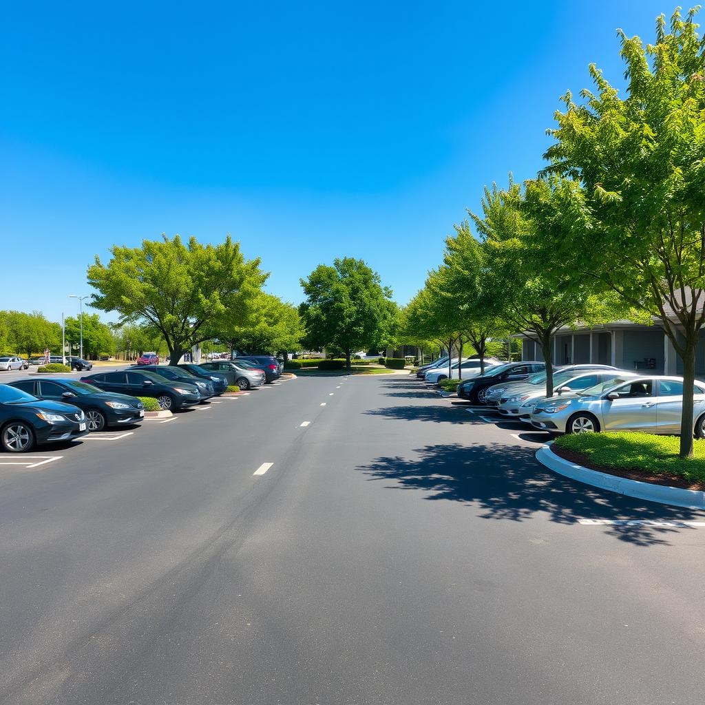 A clean and organized parking lot, showcasing neatly parked cars under a clear blue sky