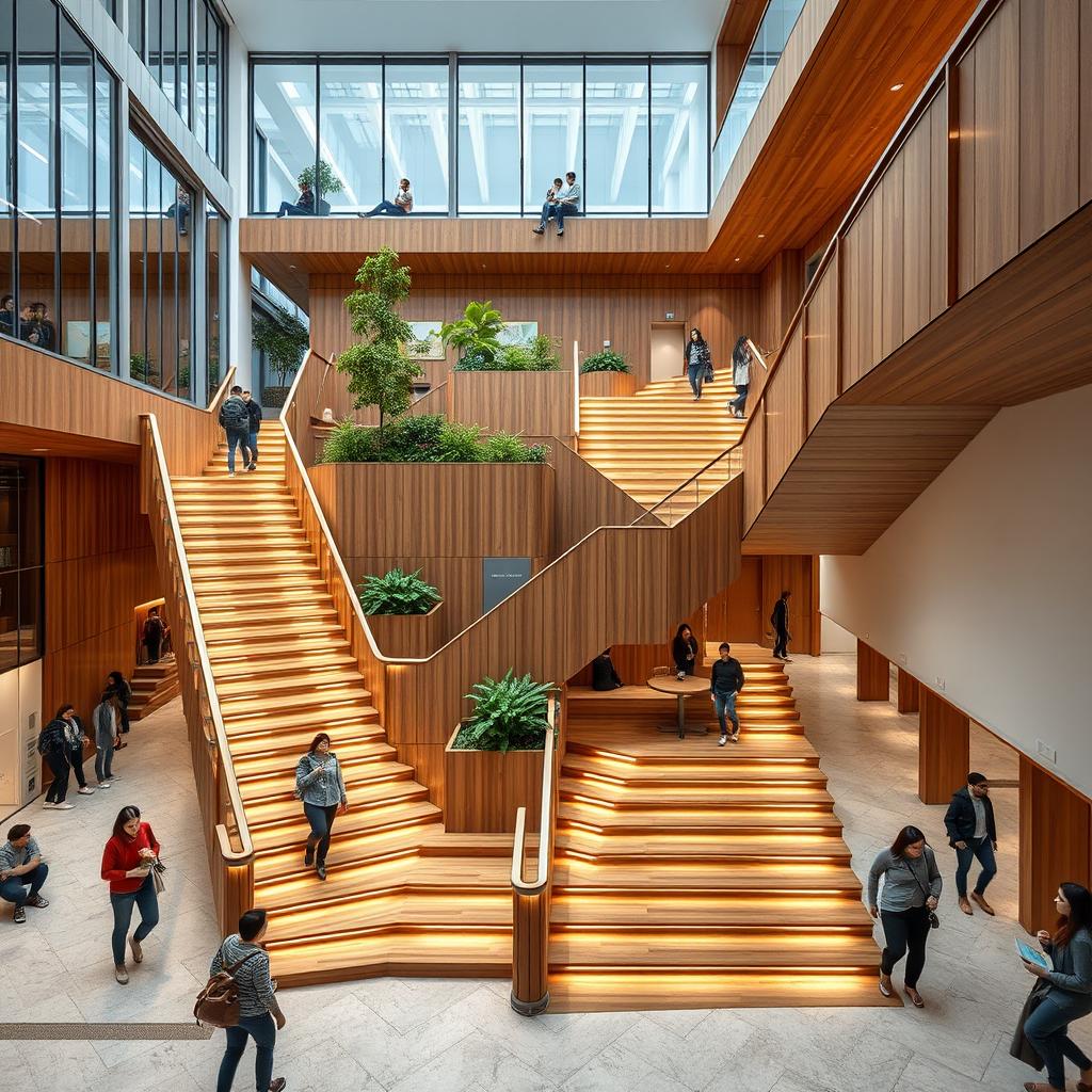 A modern two-floor staircase design suitable for a university in Tehran, featuring elegant wood finishes and stylish handrails