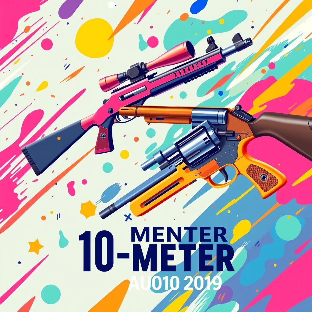 A vibrant and dynamic poster design featuring elements of 10-meter shooting competitions, showcasing various colorful firearms like Olympic air pistols and rifles