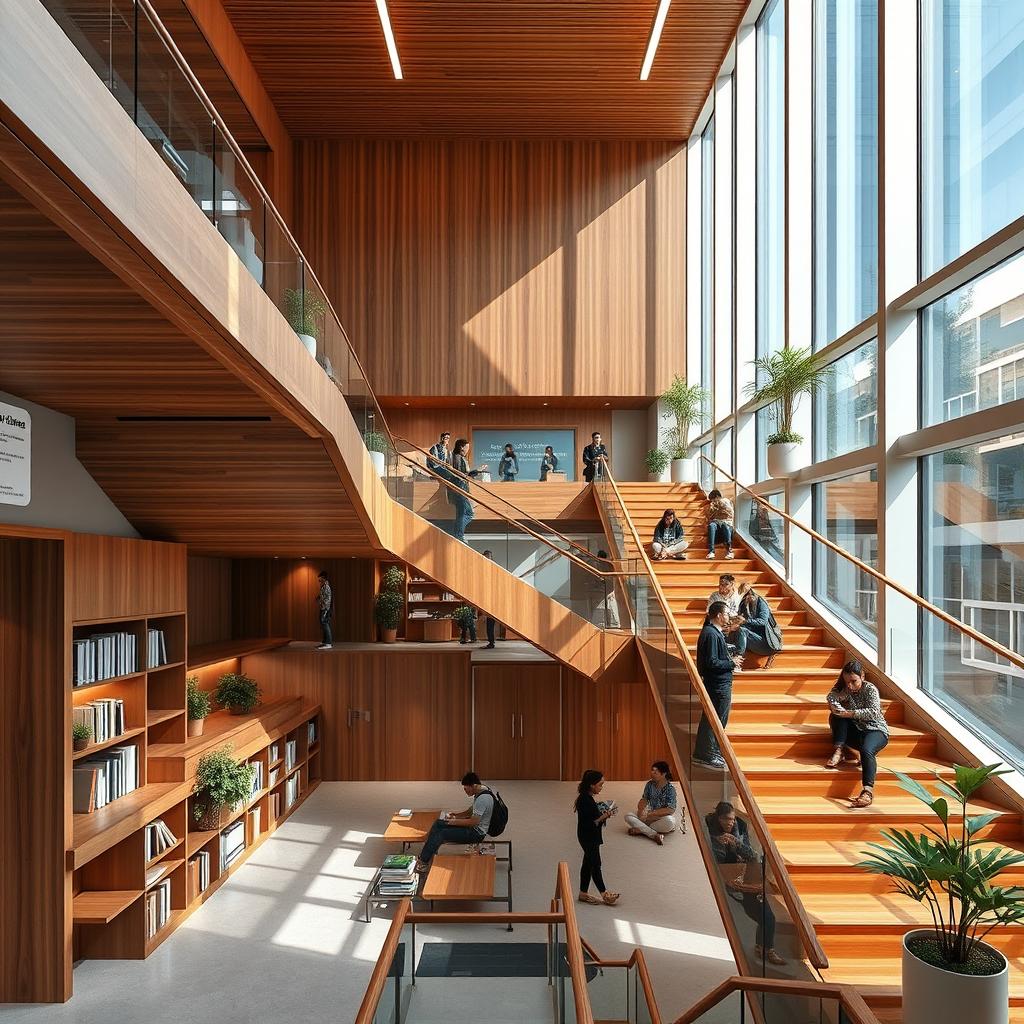 A modern two-floor staircase design for a university in Tehran, featuring luxurious wood finishes and sleek handrails