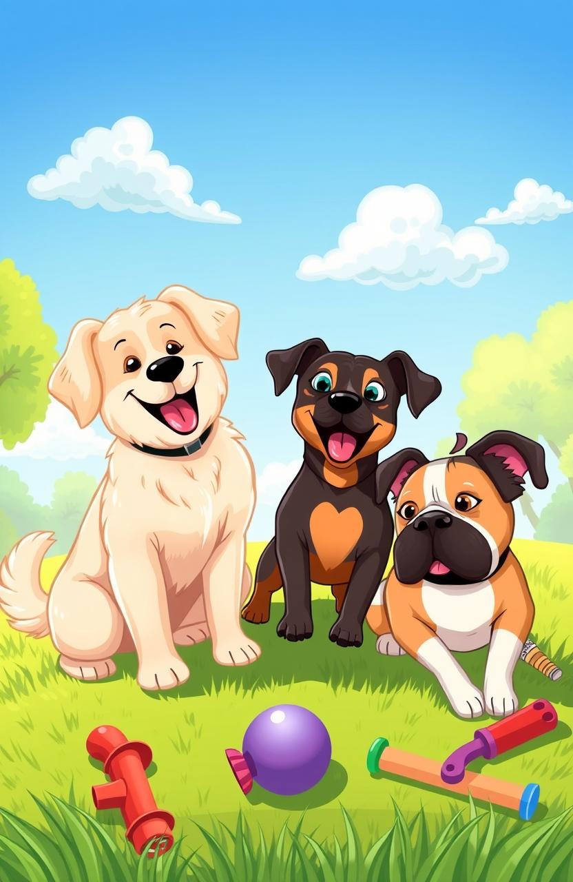A whimsical, colorful illustration of various dogs in a playful scenario