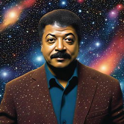 A life-like portrait of Neil DeGrasse Tyson, well-known astrophysicist, positioned in front of a background filled with stars and cosmic visuals