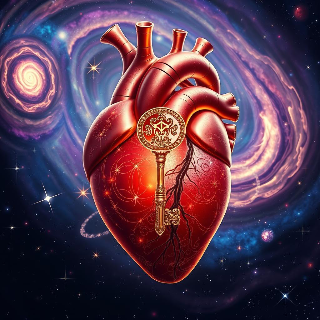 A hyper-realistic human heart transformed into a mystical key, intricately detailed and glowing with an ethereal light