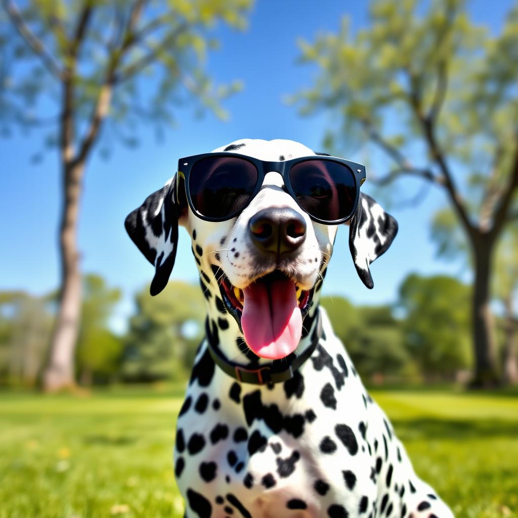 A charming Dalmatian dog wearing stylish sunglasses, sitting in a sunny park with green grass and trees in the background
