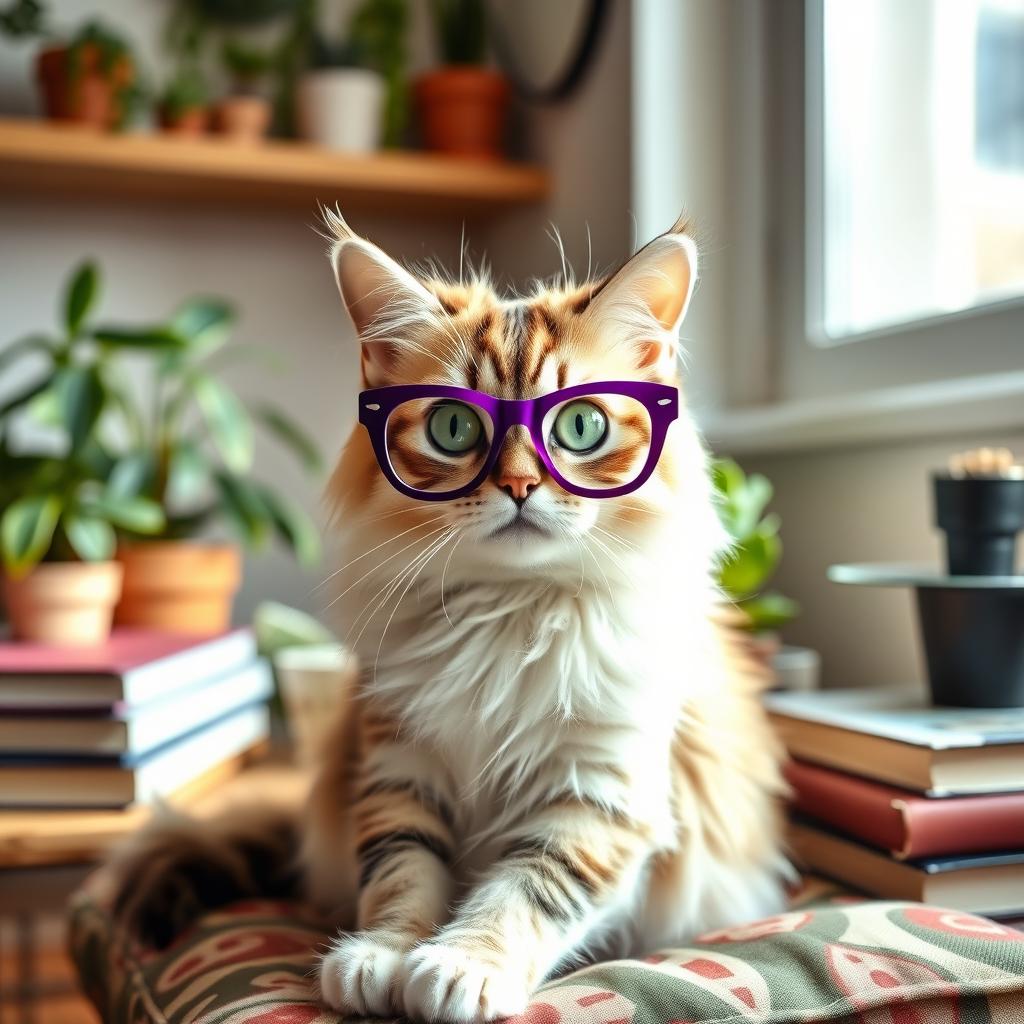 A stylish cat wearing vintage purple glasses, sitting elegantly on a retro patterned cushion in a sunlit room