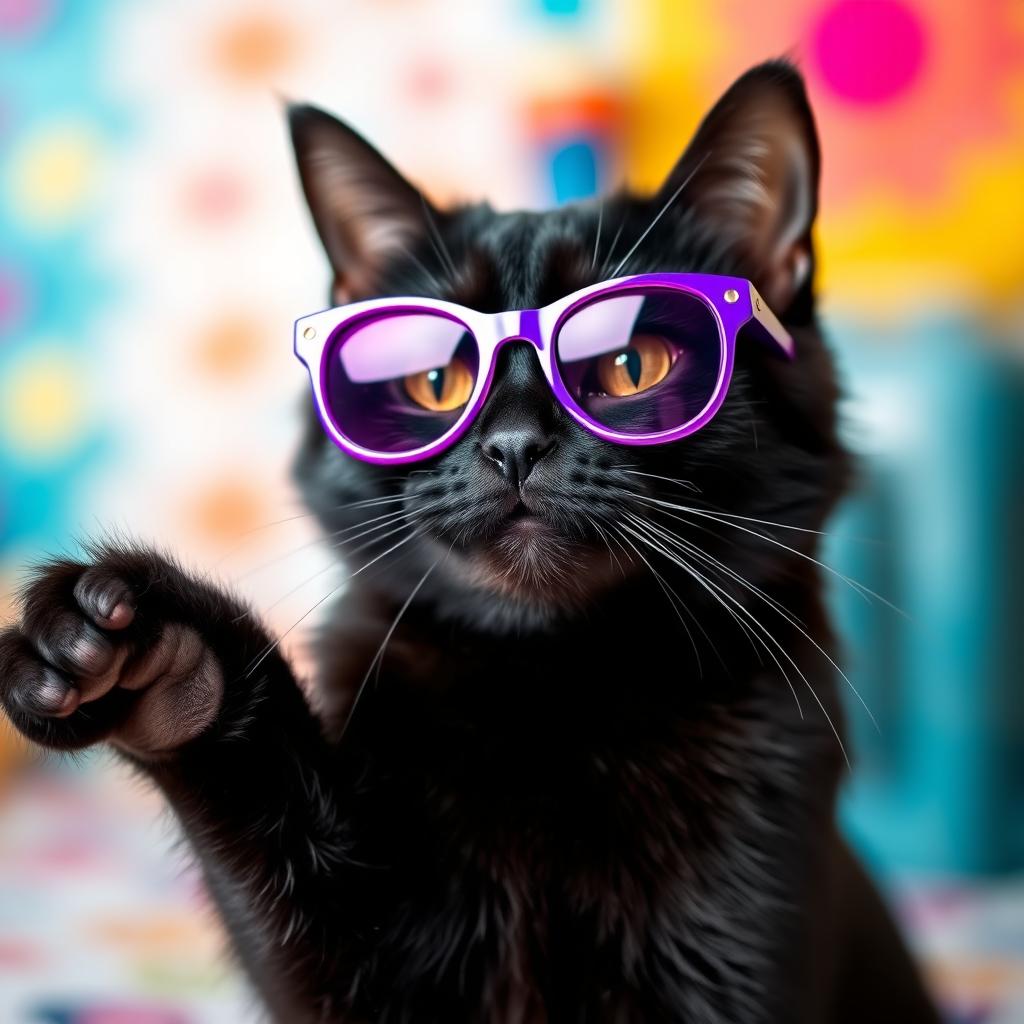 A funny black cat wearing vintage purple sunglasses, striking a playful pose