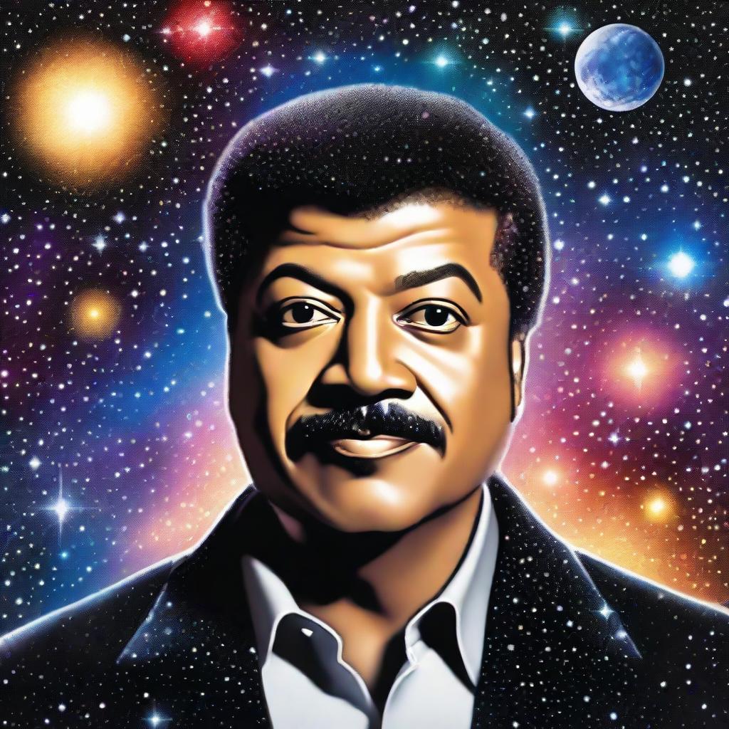 A life-like portrait of Neil DeGrasse Tyson, well-known astrophysicist, positioned in front of a background filled with stars and cosmic visuals