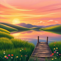 A beautifully enhanced digital drawing of a serene landscape featuring rolling hills and a colorful sunset
