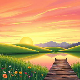 A beautifully enhanced digital drawing of a serene landscape featuring rolling hills and a colorful sunset