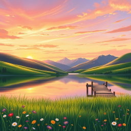 A beautifully enhanced digital drawing of a serene landscape featuring rolling hills and a colorful sunset