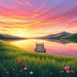 A beautifully enhanced digital drawing of a serene landscape featuring rolling hills and a colorful sunset