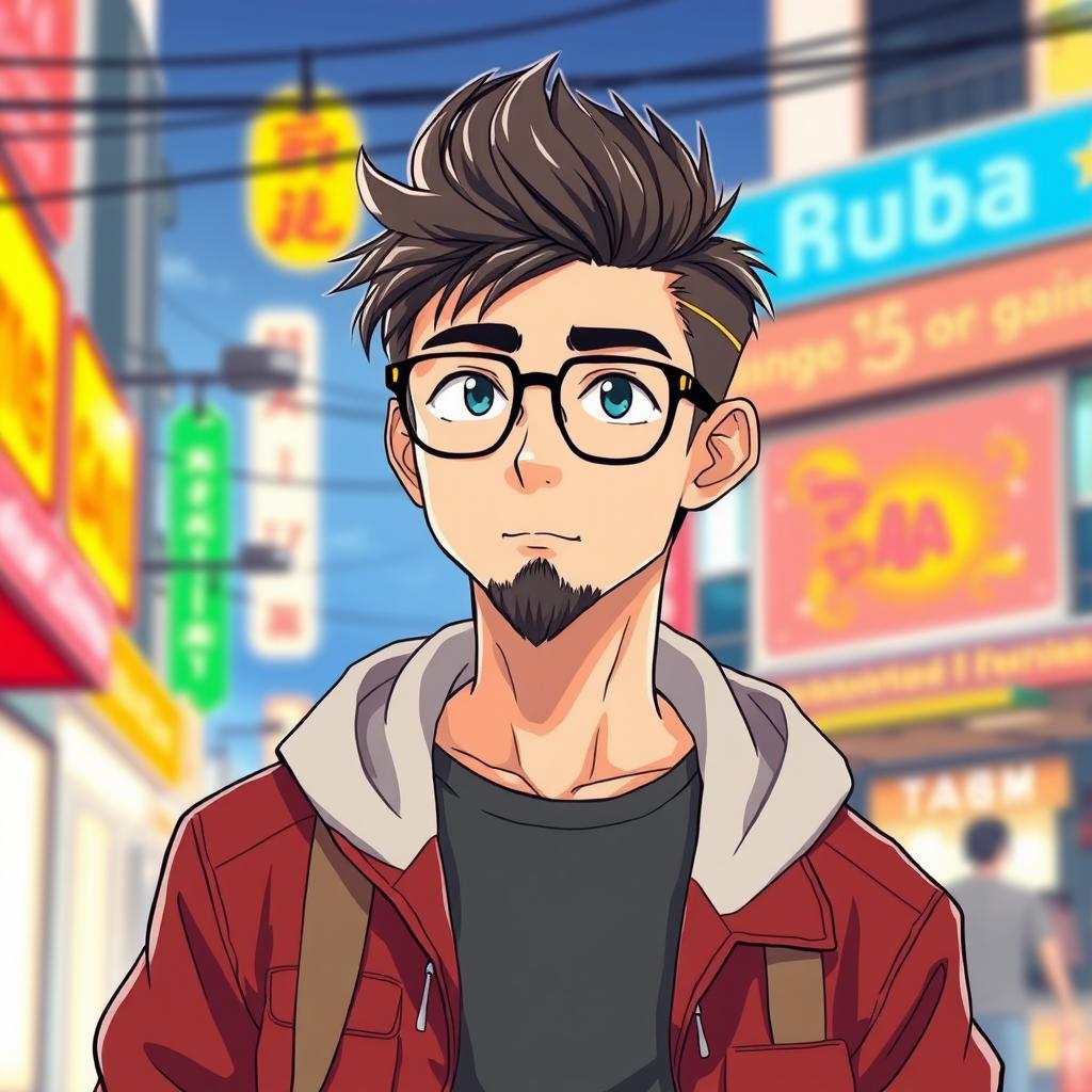 A tall anime boy with a stubby beard and neat hair, sporting stylish glasses