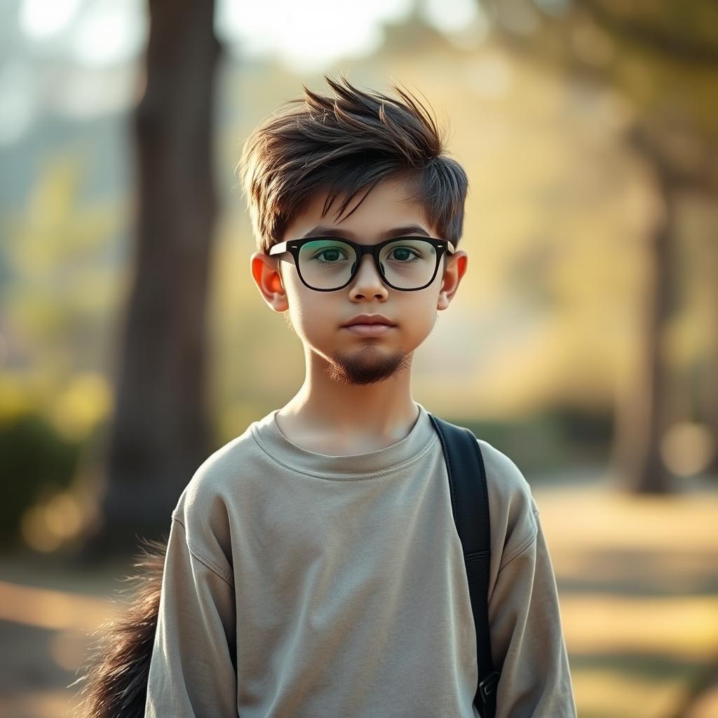 A full-length photograph of a tall boy with an incomplete beard, featuring a thin body and wearing stylish glasses