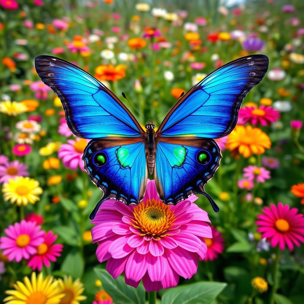 A stunning blue butterfly with vibrant green eyes, perched delicately on a colorful flower