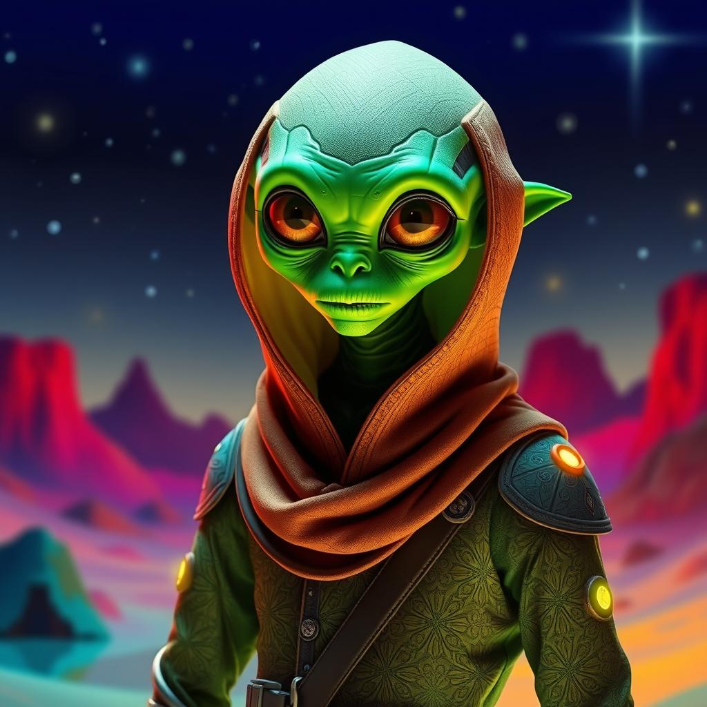 An extraterrestrial being dressed in a futuristic Qassam uniform, showcasing intricate details and patterns on the fabric